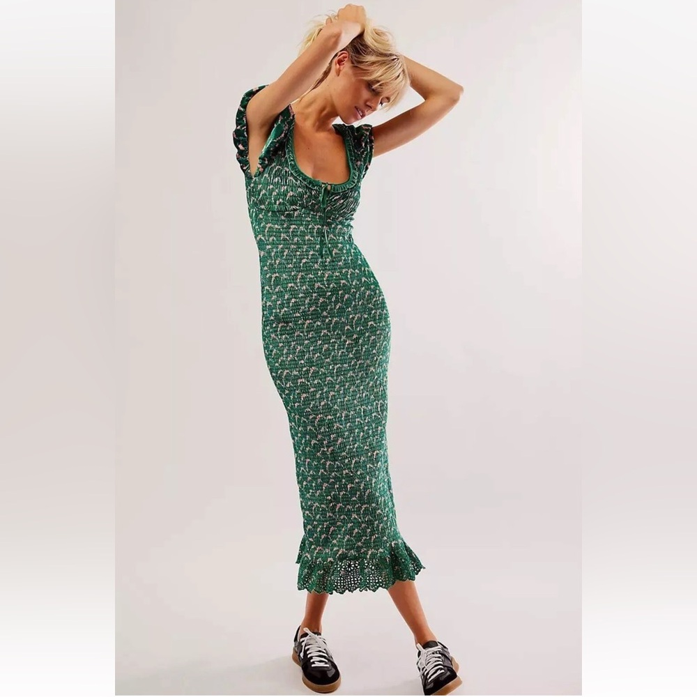 Free People Mckenna Velvet Green Floral Midi Stretchy Bodycone Dress Size Small